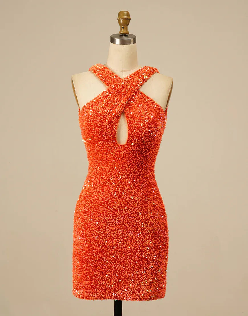 Vestido sexy naranja de fiesta con lentejuelas, espalda descubierta y cuello halter